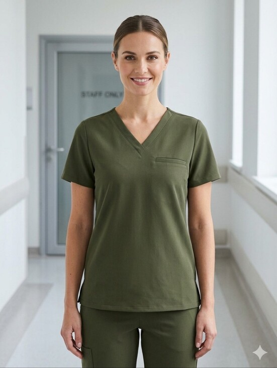 Mandala Tops - Mandala Scrubs - One Pocket V-Neck Scrub Top - Olive